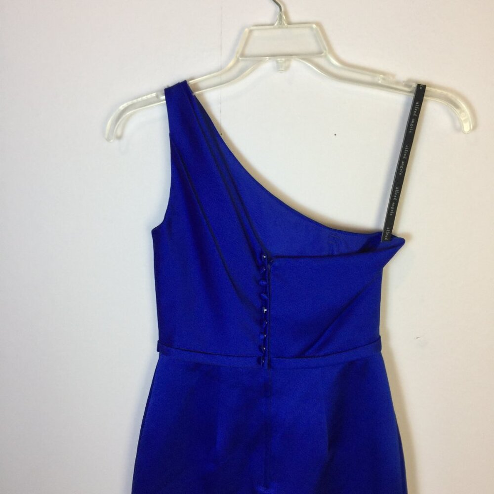 Alfred Angelo Mini Cocktail Dress Size 2 Womans Blue Satin One Shoulder Pleated - Picture 6 of 14